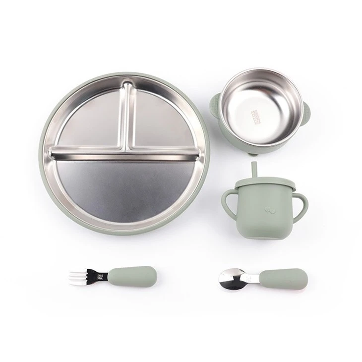 5-piece stainless steel suction plate and bowl set with silicone 4